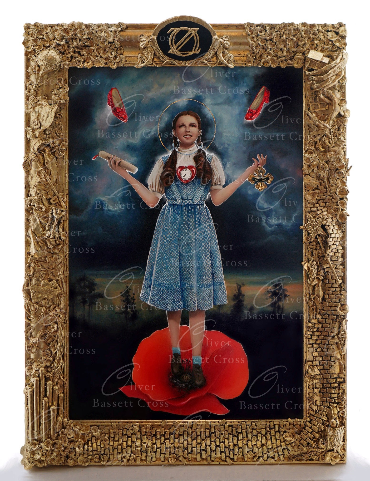 Saint Dorothy - Oil on wood panel, framed mixed media